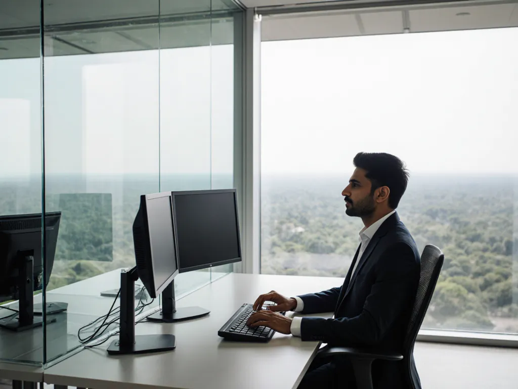 Professionals at dual-monitor workstations on a GCC corporate office floor in India
