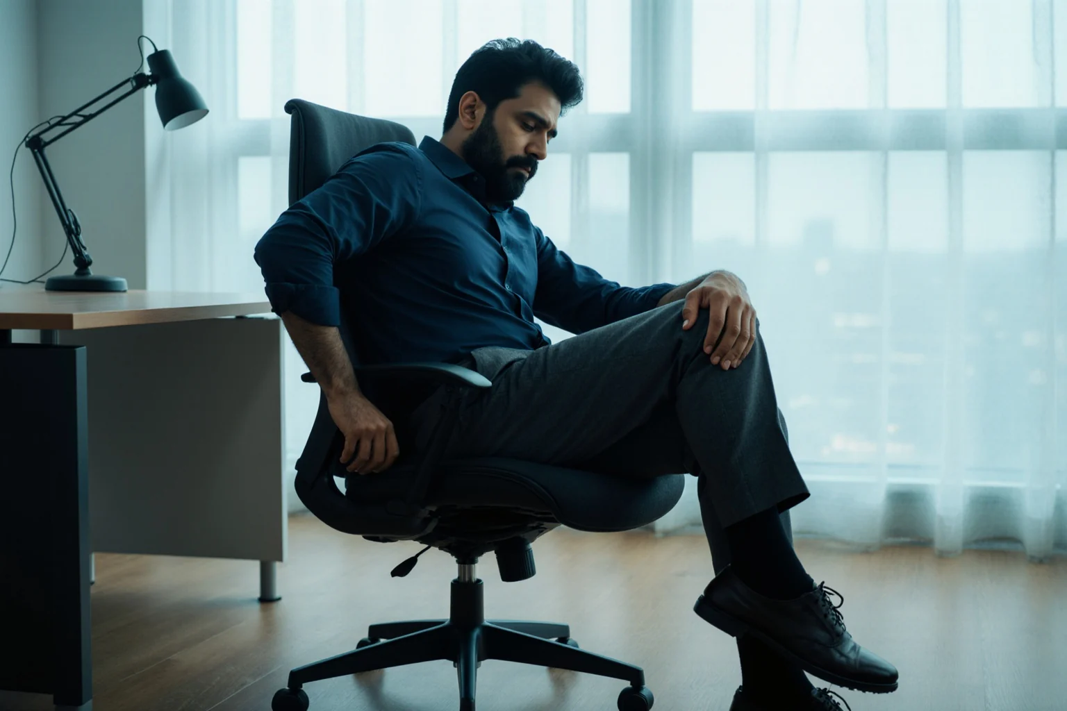 A professional showing the physical strain of sustained poor workstation posture