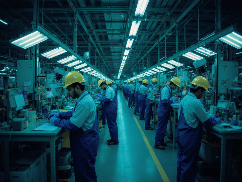 Workers on a manufacturing assembly line